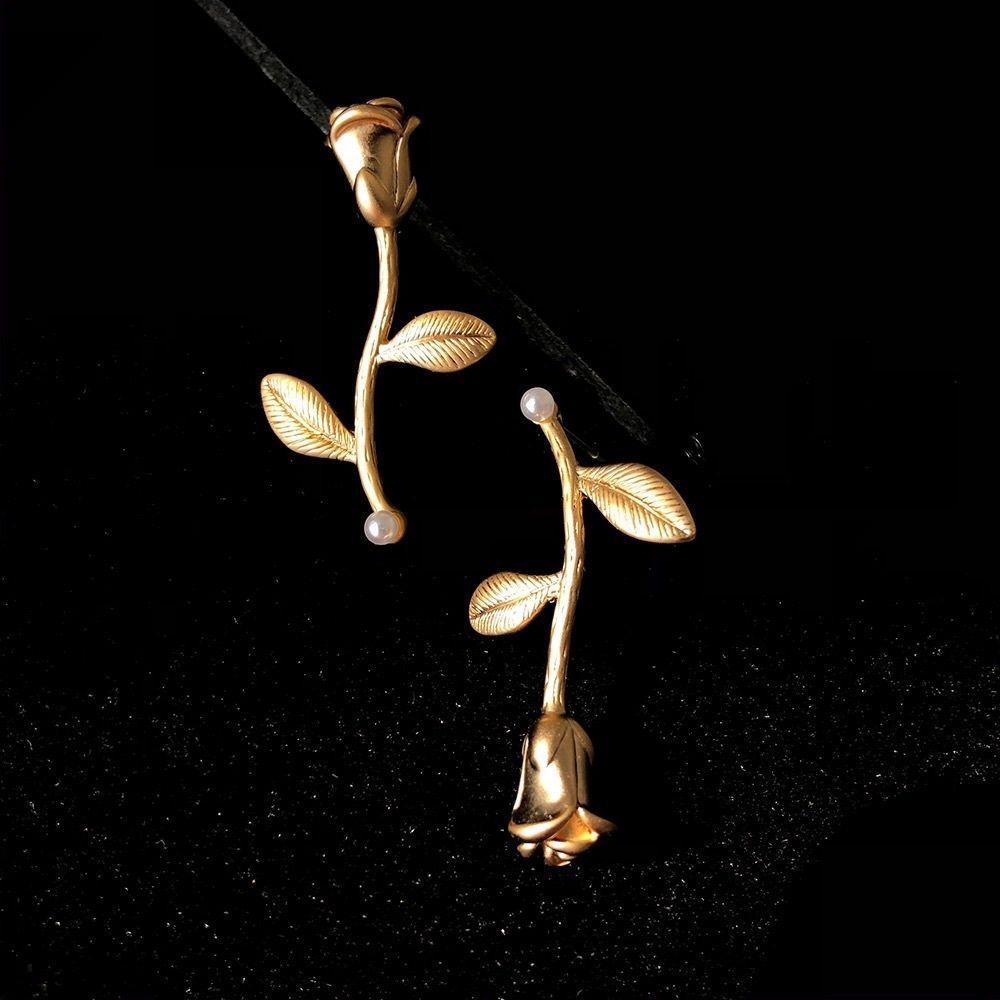 New Rose Earrings 14k Gold over 925 Silver Flower Beauty and Beast Earrings - Picture 3 of 6